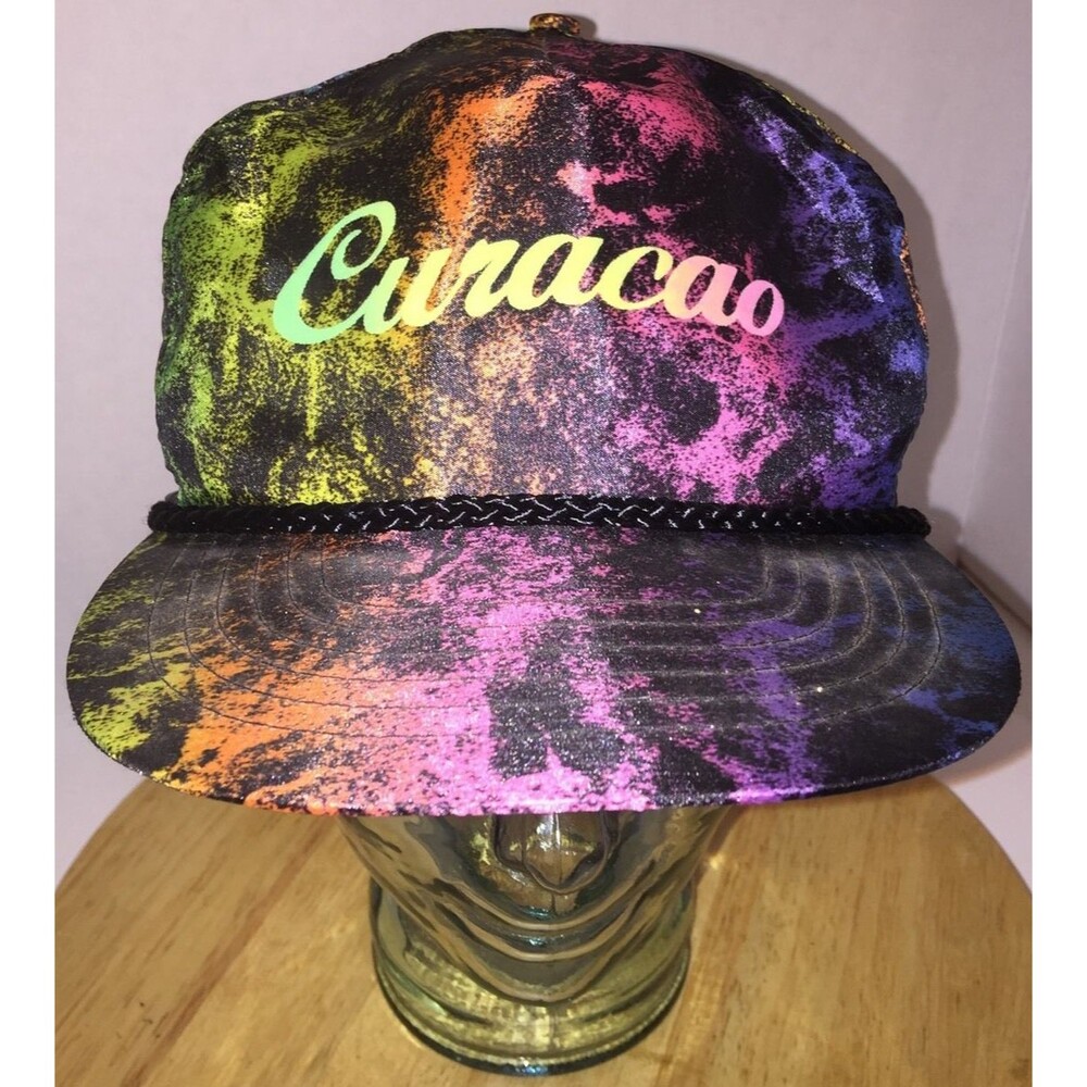 Vintage 70s 80s CURACAO Caribbean Island Nylon Hat Cap Snapback PAINT SPLATTER